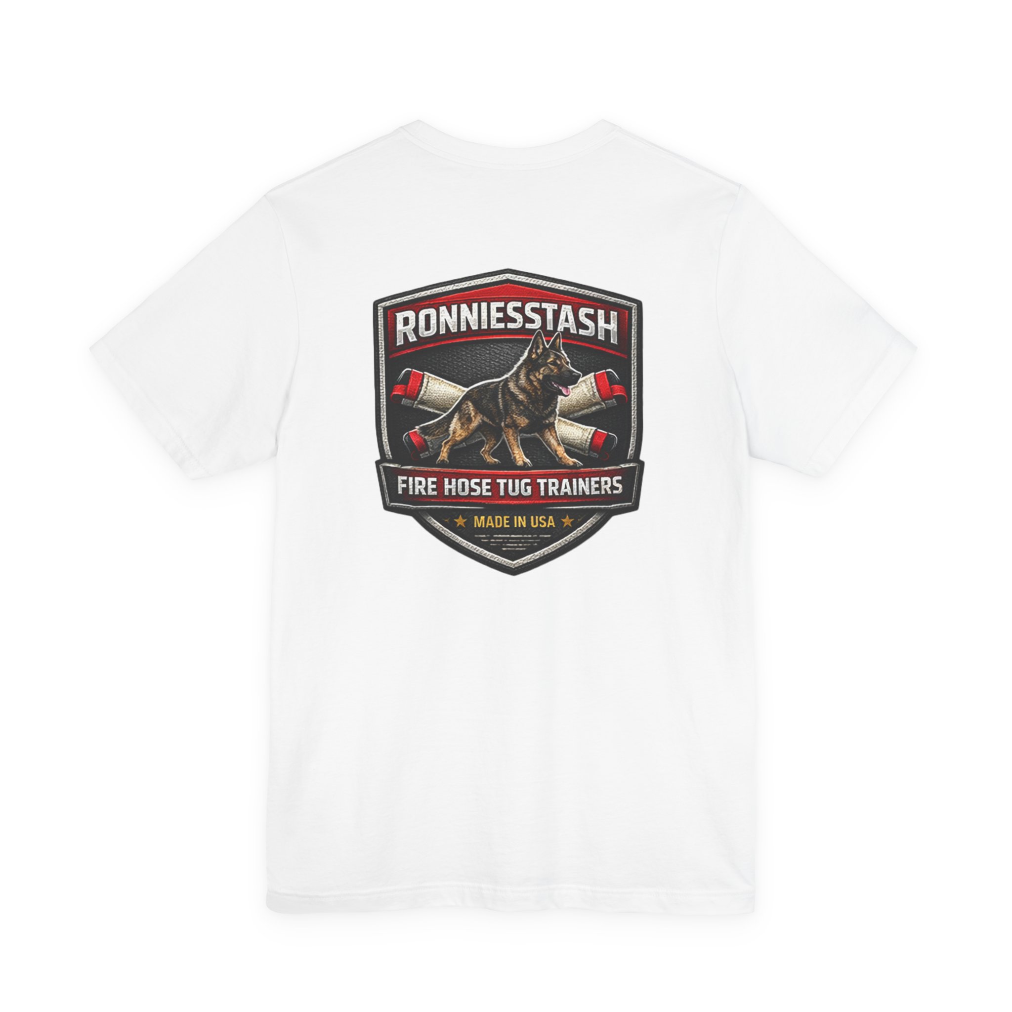 Fire Hose Tug Trainers T‑Shirt — Ronniesstash K9 Rescue Badge Tee - Image 2